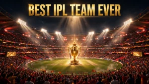 Golden IPL trophy in a packed floodlit stadium — best IPL team ever