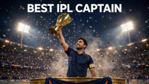 Cricket captain lifting a golden trophy in a packed stadium under floodlights, with the words Best IPL Captain on the graphic.