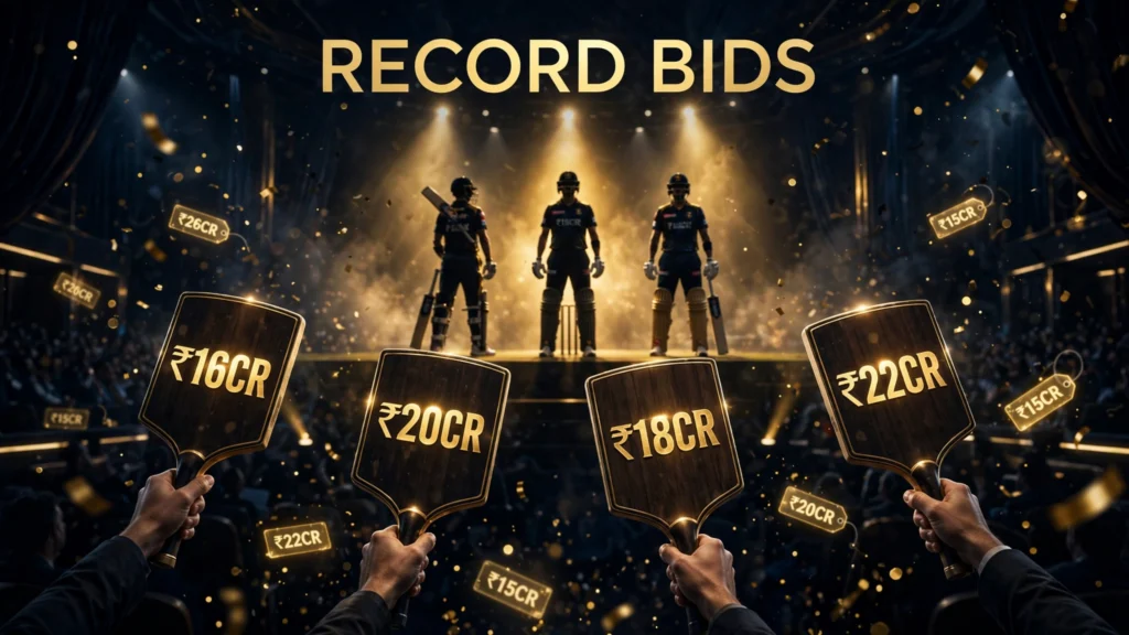 Cinematic graphic of an IPL auction room with raised bid paddles and golden price tags reading Record Bids