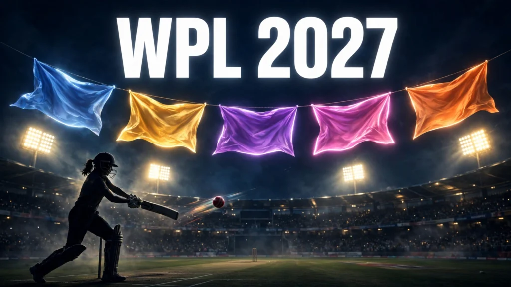 WPL 2027 schedule, teams, squads and live streaming graphic — floodlit stadium with five glowing team banners
